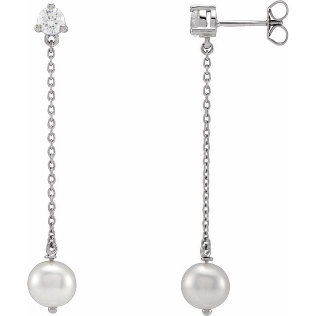 saveongems 14K White Cultured Freshwater Pearl & 1/2 CT Lab-Grown Diamond Earrings