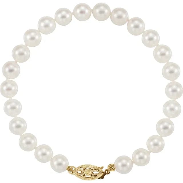 Save On Diamonds 6.0 - 6.5 mm Japanese White Akoya Pearl Bracelet AAA-Quality 14k Yellow Gold