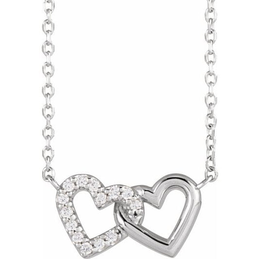 saveongems 1mm :: 0.05 CTW / I1 G-H / 14K White 14K Natural Diamond Petite Double Interlocking Heart 16-18" Necklace