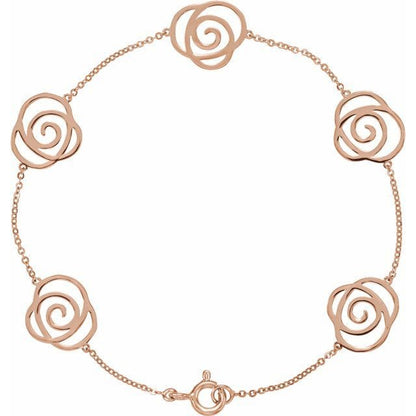 saveongems Jewelry 7 Inch / 14K Rose Floral Station Bracelet 7"