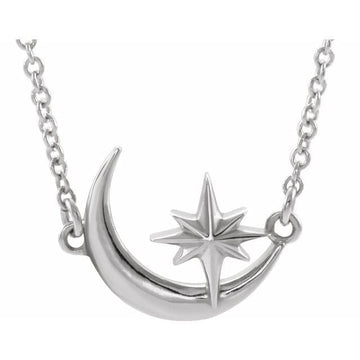 saveongems Jewelry 13.1 x 9.6 mm / 16-18 Inch / 14K White Crescent Moon & Star Necklace