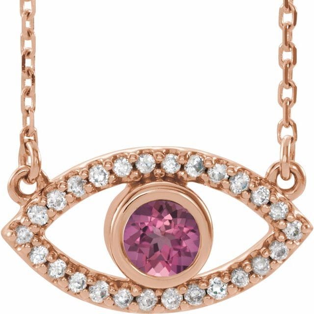 saveongems Jewelry 3.5mm::1.3703 DWT (2.13 grams) / 16 Inch / 14K Rose 14K Natural Pink Tourmaline & Natural White Sapphire Evil Eye Necklace