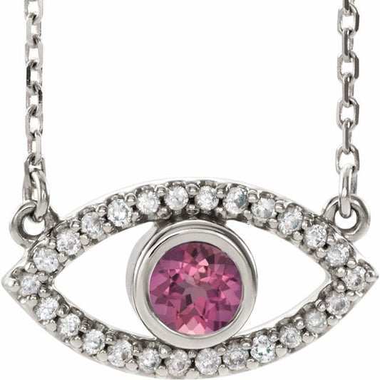 saveongems Jewelry 3.5mm::1.3703 DWT (2.13 grams) / 16 Inch / 14K White 14K Natural Pink Tourmaline & Natural White Sapphire Evil Eye Necklace