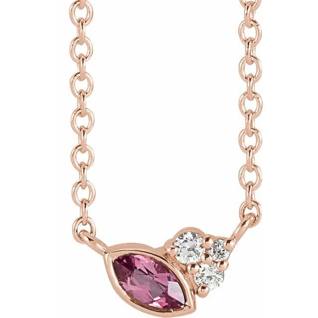 saveongems Jewelry 4 x 2mm :: 0.03 CTW / 16 Inch / 14K Rose 14K Natural Pink Tourmaline & .03 CTW Natural Diamond 16-18" Necklace