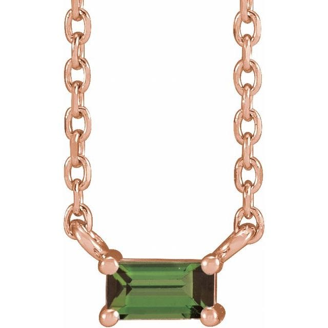 saveongems Jewelry 4 x 2 mm::0.842 DWT (1.31 grams) / 18 Inch / 14K Rose 14K Natural Green Tourmaline Solitaire 18" Necklace