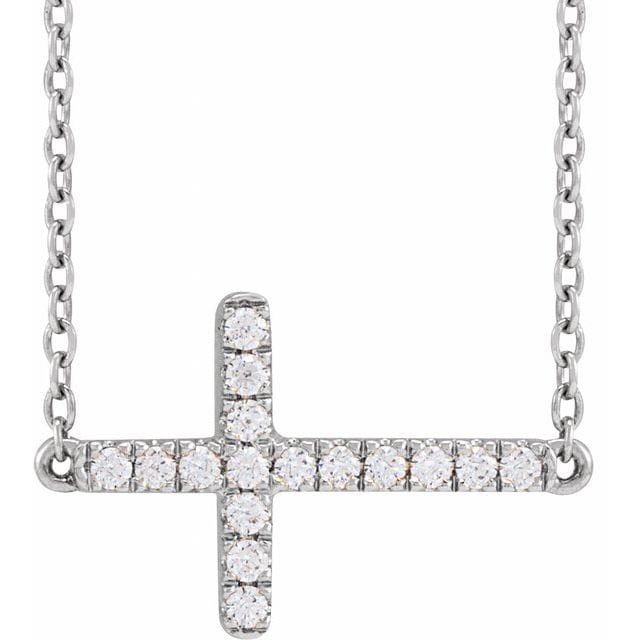 saveongems Jewelry 1/6 ctw (1.3mm) / 16-18 Inch / 14K White Diamond Sideways Cross Necklace 16-18"