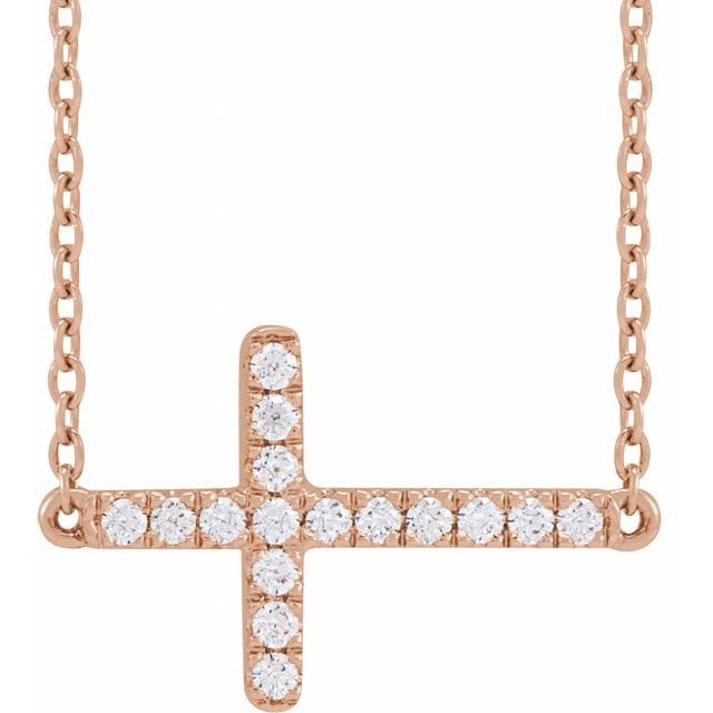 saveongems Jewelry 1/6 ctw (1.3mm) / 16-18 Inch / 14K Rose Diamond Sideways Cross Necklace 16-18"